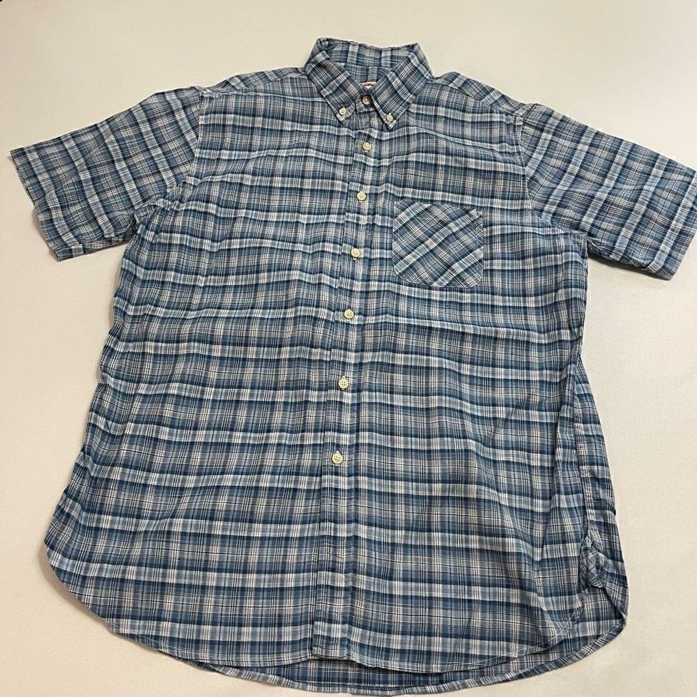 Brooks Brothers Shirt Mens Large Linen Blend Short Sleeve Blue Plaid Preppy